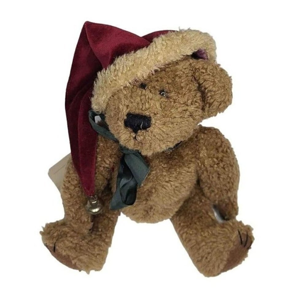 New Vintage Boyds Bears Elvin Teddy Bear w/Velvet Red Santa Hat & Green Neck Bow